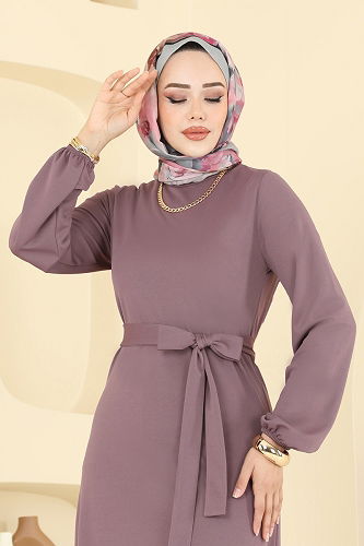 moda selvim Eteği Katlı Mira Elbise 8133AB368 Koyu Gül Kurusu - Thumbnail