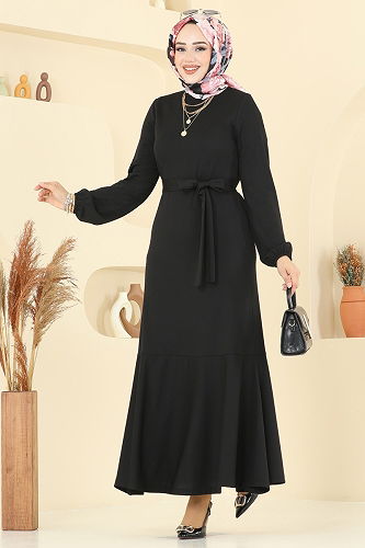 moda selvim Eteği Katlı Mira Elbise 8133AB368 Siyah - Thumbnail