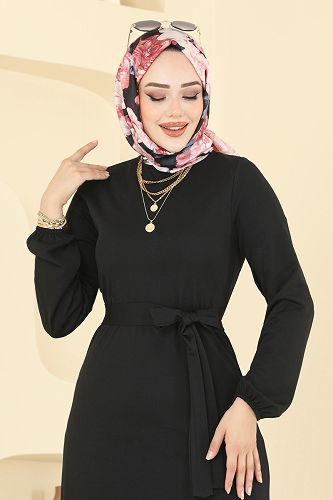 moda selvim Eteği Katlı Mira Elbise 8133AB368 Siyah - Thumbnail