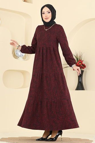 moda selvim Eteği Katlı Örme Elbise 3071KTR750 Bordo - Thumbnail
