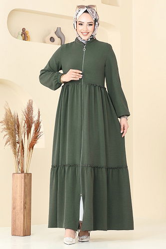 moda selvim Eteği Katlı Pardesü Ferace 377DVL817 Haki - Thumbnail