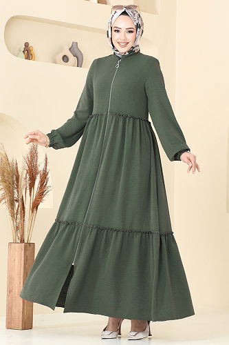 moda selvim Eteği Katlı Pardesü Ferace 377DVL817 Haki - Thumbnail