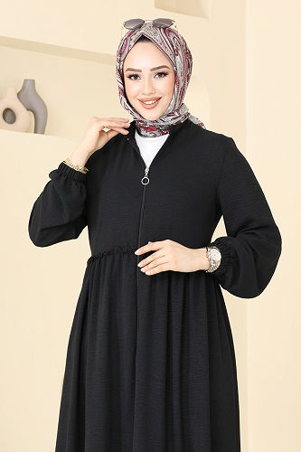 moda selvim Eteği Katlı Pardesü Ferace 377DVL817 Siyah - Thumbnail