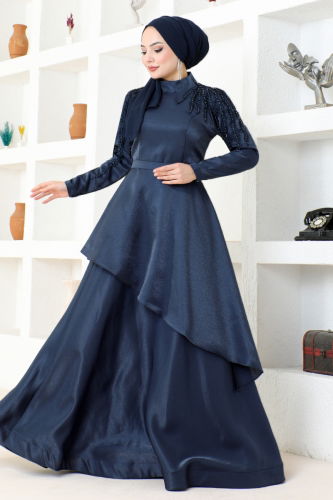 moda selvim Eteği Katlı Saten Abiye MDY4958-M Laci - Thumbnail