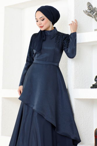 moda selvim Eteği Katlı Saten Abiye MDY4958-M Laci - Thumbnail