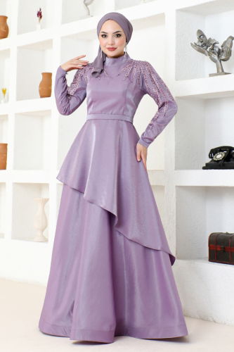 moda selvim Eteği Katlı Saten Abiye MDY4958-M Lila - Thumbnail