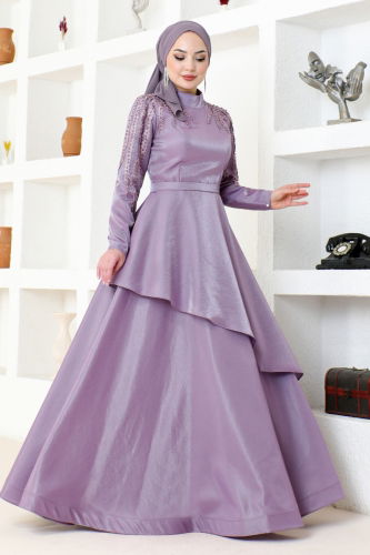 moda selvim Eteği Katlı Saten Abiye MDY4958-M Lila - Thumbnail