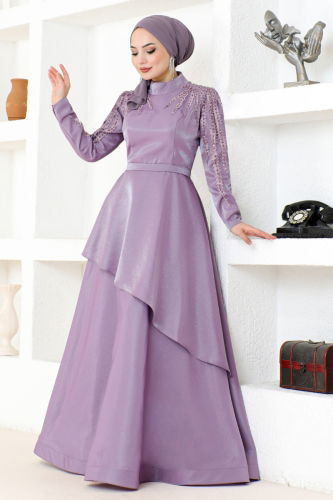 moda selvim Eteği Katlı Saten Abiye MDY4958-M Lila - Thumbnail