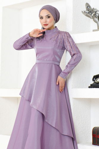 moda selvim Eteği Katlı Saten Abiye MDY4958-M Lila - Thumbnail