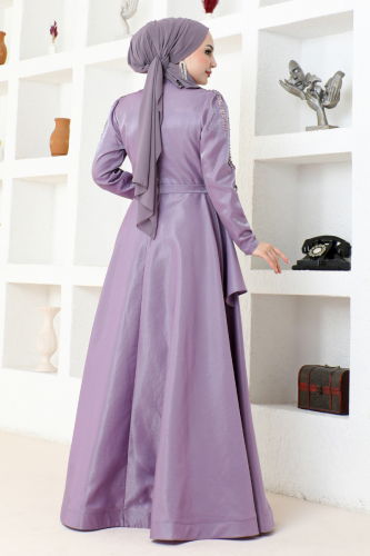 moda selvim Eteği Katlı Saten Abiye MDY4958-M Lila - Thumbnail