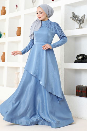 moda selvim Eteği Katlı Saten Abiye MDY4958-M Mavi - Thumbnail