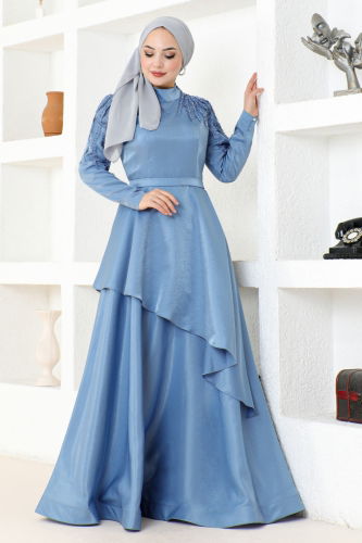 moda selvim Eteği Katlı Saten Abiye MDY4958-M Mavi - Thumbnail