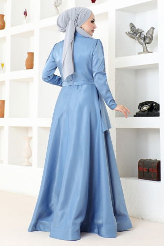 moda selvim Eteği Katlı Saten Abiye MDY4958-M Mavi - Thumbnail