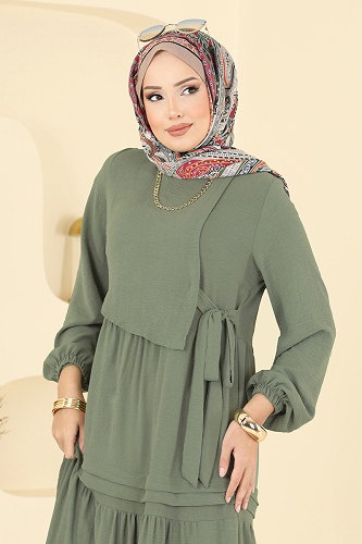 moda selvim Eteği Katlı Şık Elbise 2833SLK540 Çağla - Thumbnail