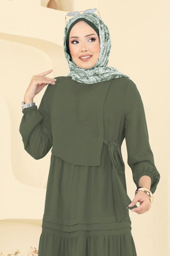 S.L.K. - Eteği Katlı Şık Elbise 2833SLK540 Haki