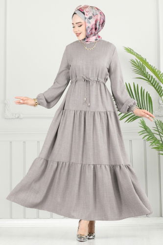 moda selvim Eteği Katlı Sofia Elbise 025MR1078 Gri - Thumbnail