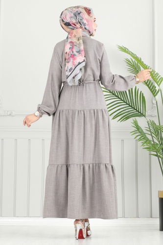 moda selvim Eteği Katlı Sofia Elbise 025MR1078 Gri - Thumbnail