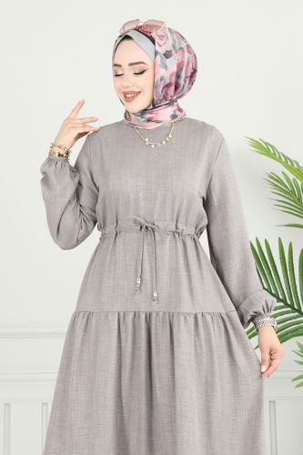 moda selvim Eteği Katlı Sofia Elbise 025MR1078 Gri - Thumbnail