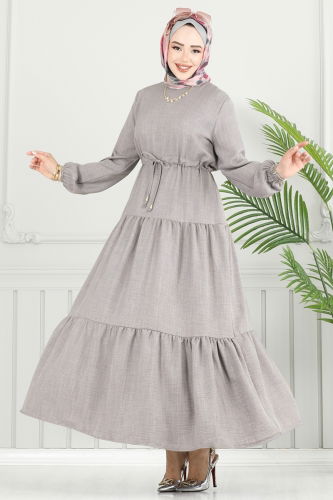 moda selvim Eteği Katlı Sofia Elbise 025MR1078 Gri - Thumbnail