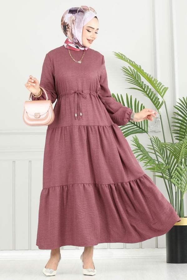 Modaselvim Elbise Eteği Katlı Sofia Elbise 025MR1078 Koyu Gül Kurusu