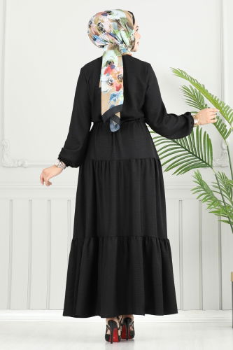 moda selvim Eteği Katlı Sofia Elbise 025MR1078 Siyah - Thumbnail