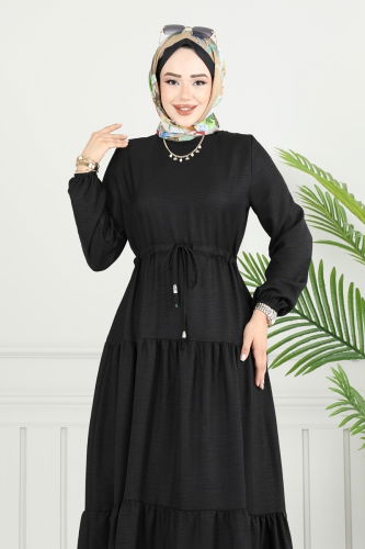 moda selvim Eteği Katlı Sofia Elbise 025MR1078 Siyah - Thumbnail