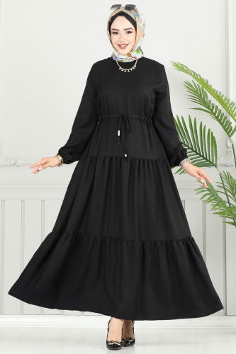 moda selvim Eteği Katlı Sofia Elbise 025MR1078 Siyah - Thumbnail