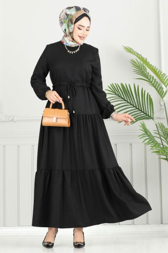 moda selvim Eteği Katlı Sofia Elbise 025MR1078 Siyah - Thumbnail