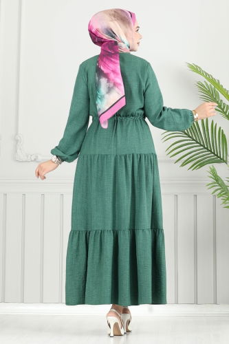 moda selvim Eteği Katlı Sofia Elbise 025MR1078 Zümrüt - Thumbnail