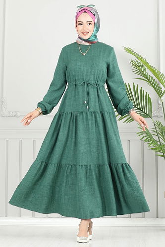 moda selvim Eteği Katlı Sofia Elbise 025MR1078 Zümrüt - Thumbnail