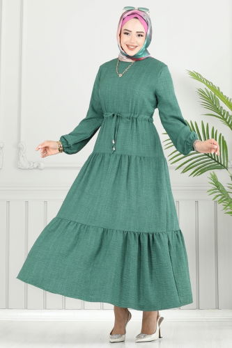 moda selvim Eteği Katlı Sofia Elbise 025MR1078 Zümrüt - Thumbnail