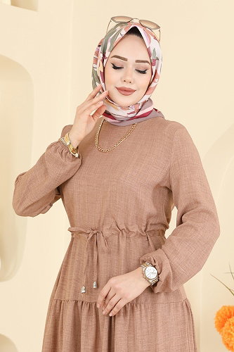 moda selvim Eteği Katlı Sofia Elbise 3261HBS856 Bisküvi - Thumbnail