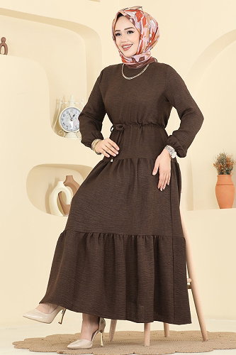 moda selvim Eteği Katlı Sofia Elbise 3261HBS856 Kahve - Thumbnail