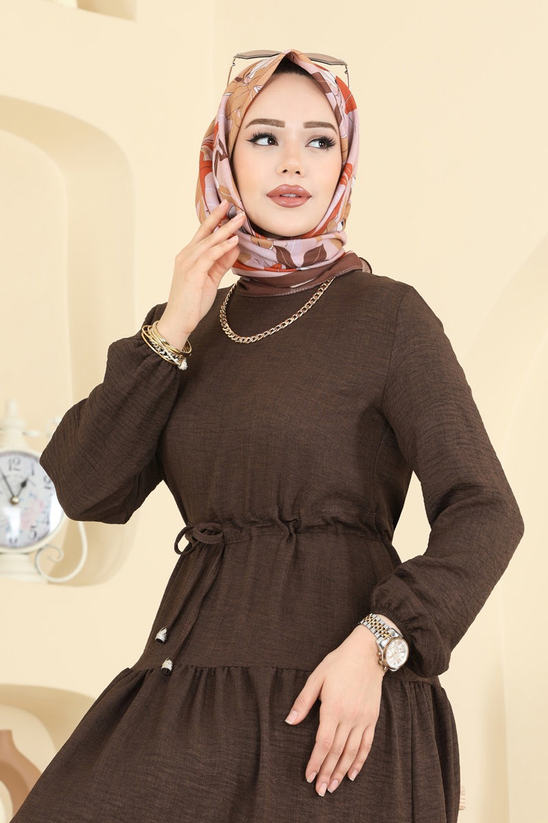 Eteği Katlı Sofia Elbise 3261HBS856 Kahve