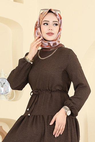 moda selvim Eteği Katlı Sofia Elbise 3261HBS856 Kahve - Thumbnail