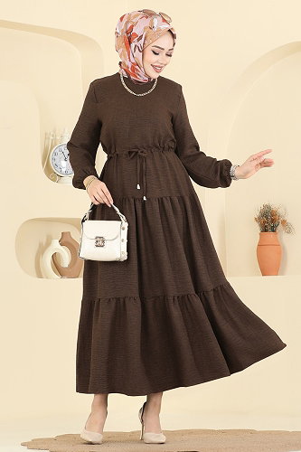 moda selvim Eteği Katlı Sofia Elbise 3261HBS856 Kahve - Thumbnail