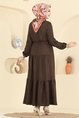moda selvim Eteği Katlı Sofia Elbise 3261HBS856 Kahve - Thumbnail