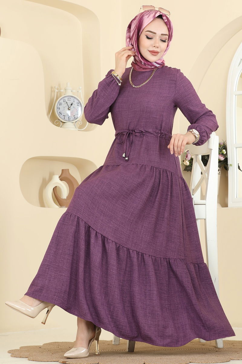 Eteği Katlı Sofia Elbise 3261HBS856 Koyu Lila