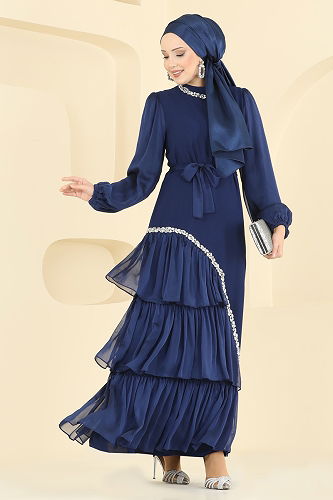 moda selvim Eteği Katlı Taşlı Abiye 5735EDF311 Açık Laci - Thumbnail