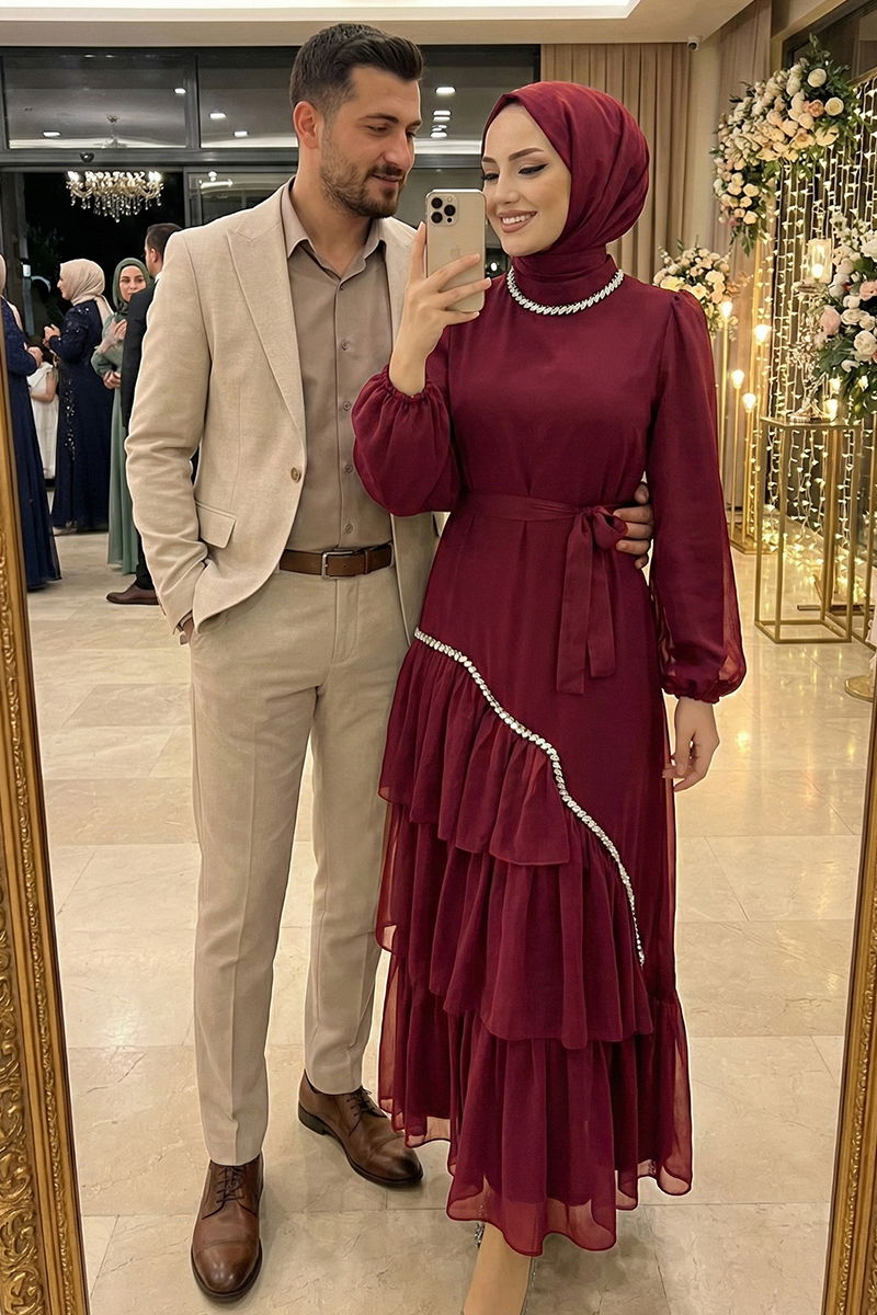 Eteği Katlı Taşlı Abiye 5735EDF311 Bordo
