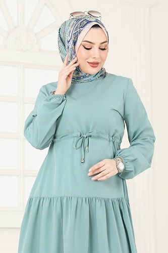 moda selvim Eteği Katlı Terikoton Elbise 014MR1078 Açık Mint - Thumbnail
