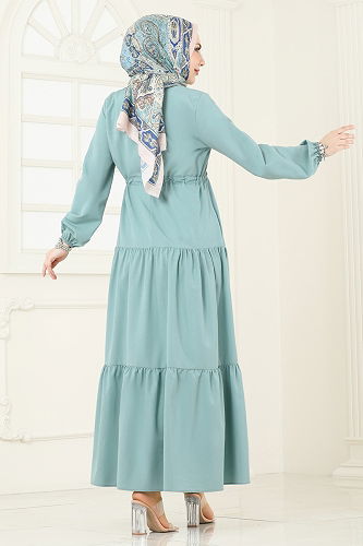 moda selvim Eteği Katlı Terikoton Elbise 014MR1078 Açık Mint - Thumbnail