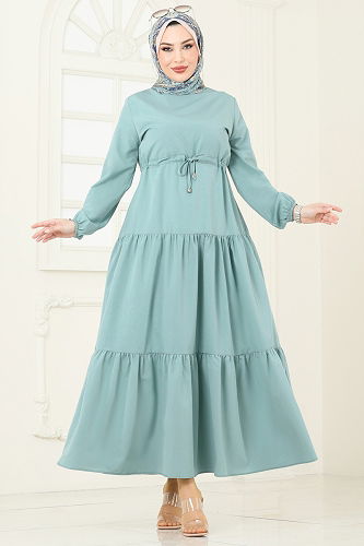 moda selvim Eteği Katlı Terikoton Elbise 014MR1078 Açık Mint - Thumbnail