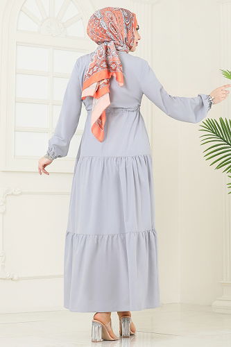 moda selvim Eteği Katlı Terikoton Elbise 014MR1078 Gri - Thumbnail