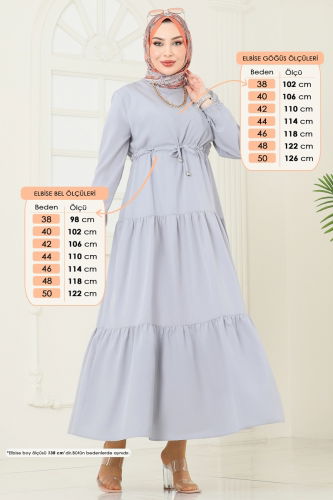 moda selvim Eteği Katlı Terikoton Elbise 014MR1078 Gri - Thumbnail