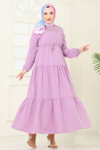 moda selvim Eteği Katlı Terikoton Elbise 014MR1078 Lila - Thumbnail