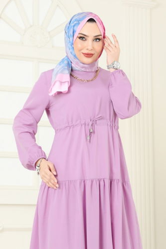 moda selvim Eteği Katlı Terikoton Elbise 014MR1078 Lila - Thumbnail