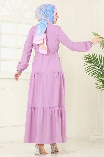 moda selvim Eteği Katlı Terikoton Elbise 014MR1078 Lila - Thumbnail