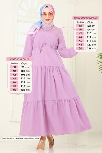 moda selvim Eteği Katlı Terikoton Elbise 014MR1078 Lila - Thumbnail
