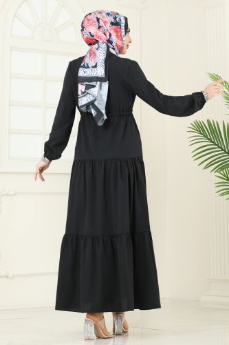 moda selvim Eteği Katlı Terikoton Elbise 014MR1078 Siyah - Thumbnail